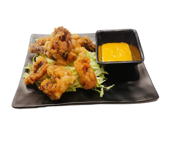 Fried Calamari consists of crispy fried squid rings served on a bed of shredded cabbage, accompanied by a side of dipping sauce at Torakichi Ramen, a Japanese Ramen restaurant in Palm Springs