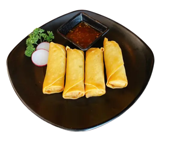 Spring Rolls are crispy fried rolls filled with vegetables or meat, served with a side of dipping sauce, garnished with parsley and radish slices at Torakichi Ramen, a Japanese Ramen restaurant in Palm Springs